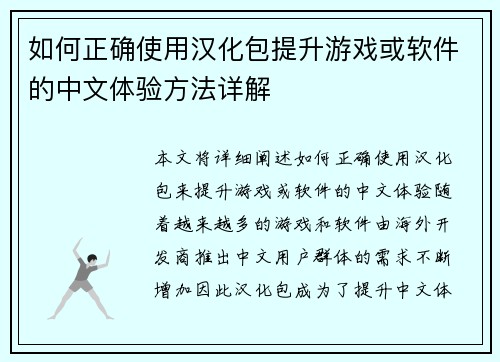 如何正确使用汉化包提升游戏或软件的中文体验方法详解