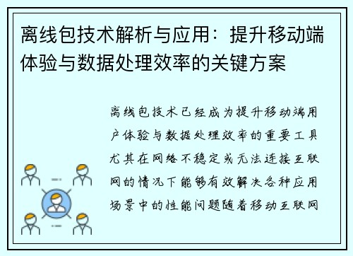 离线包技术解析与应用：提升移动端体验与数据处理效率的关键方案